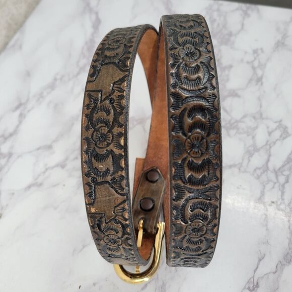 Vintage Brown Texas Embossed Leather Belt with Gold Toned Buckle - Picture 2 of 14